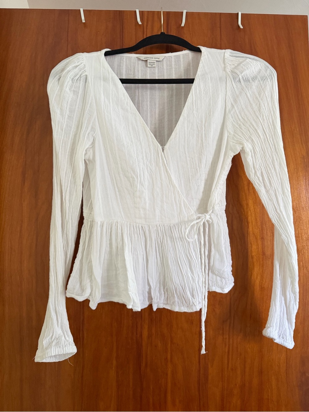American Eagle Outfitters White Crinkled Wrap Peplum Blouse